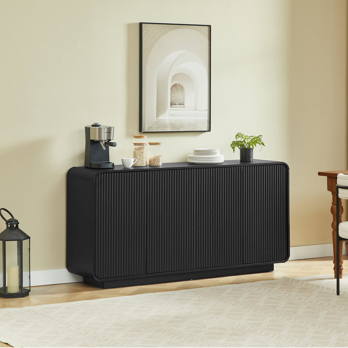64' Buffet Sideboard Cabinet with Storage,Modern Vertical Fluted Entryway Cabinet, Waterproof & Scratch Resistant Storage Sideboard Cabinet, Ideal for Living Room, Kitchen, Dining Room and Bedroom,Bla