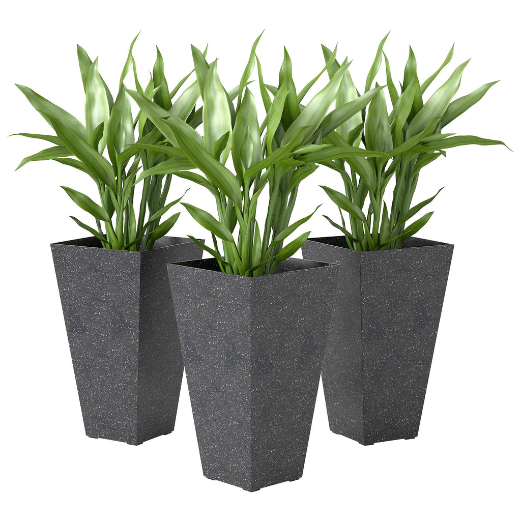 Outsunny 28' Tall Planters, Set of 3 Plastic Flower Pots with Marble Finish and Drainage Holes, Stackable Tapered Outdoor Planters, Black