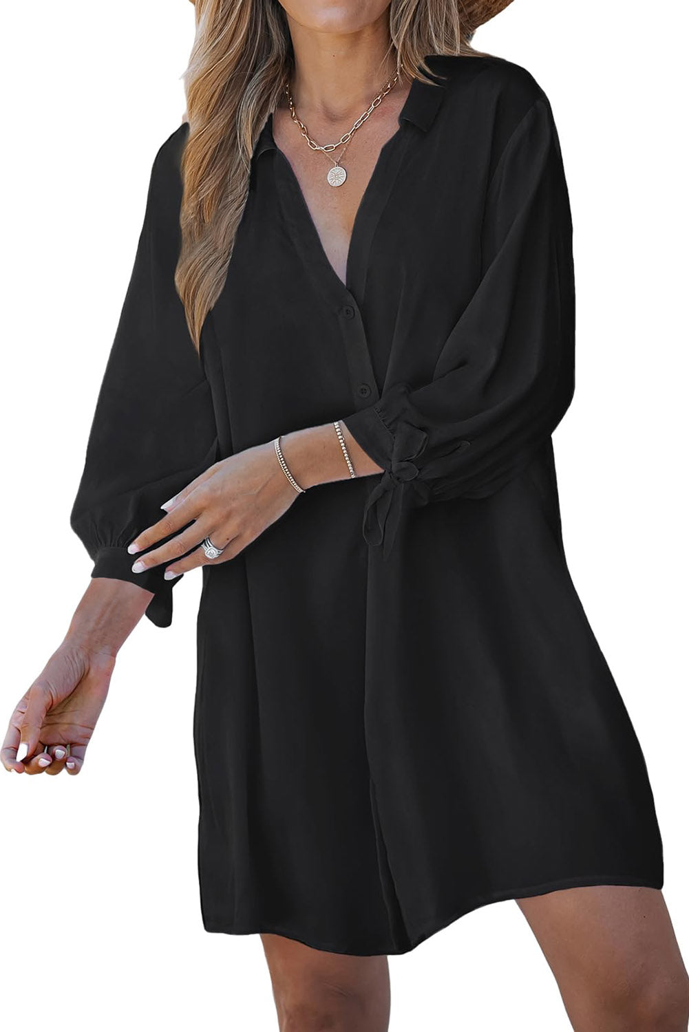 Black Plus Size Tie Cuffs V Neck Shirt Dress - Eloy Royal