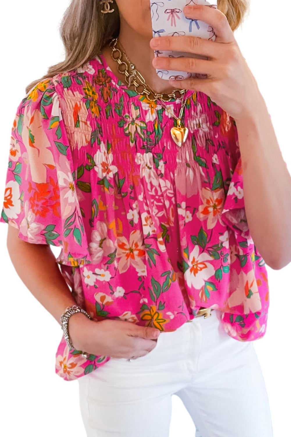 Pink Floral Print Flounce Sleeve Smocked Blouse - Eloy Royal