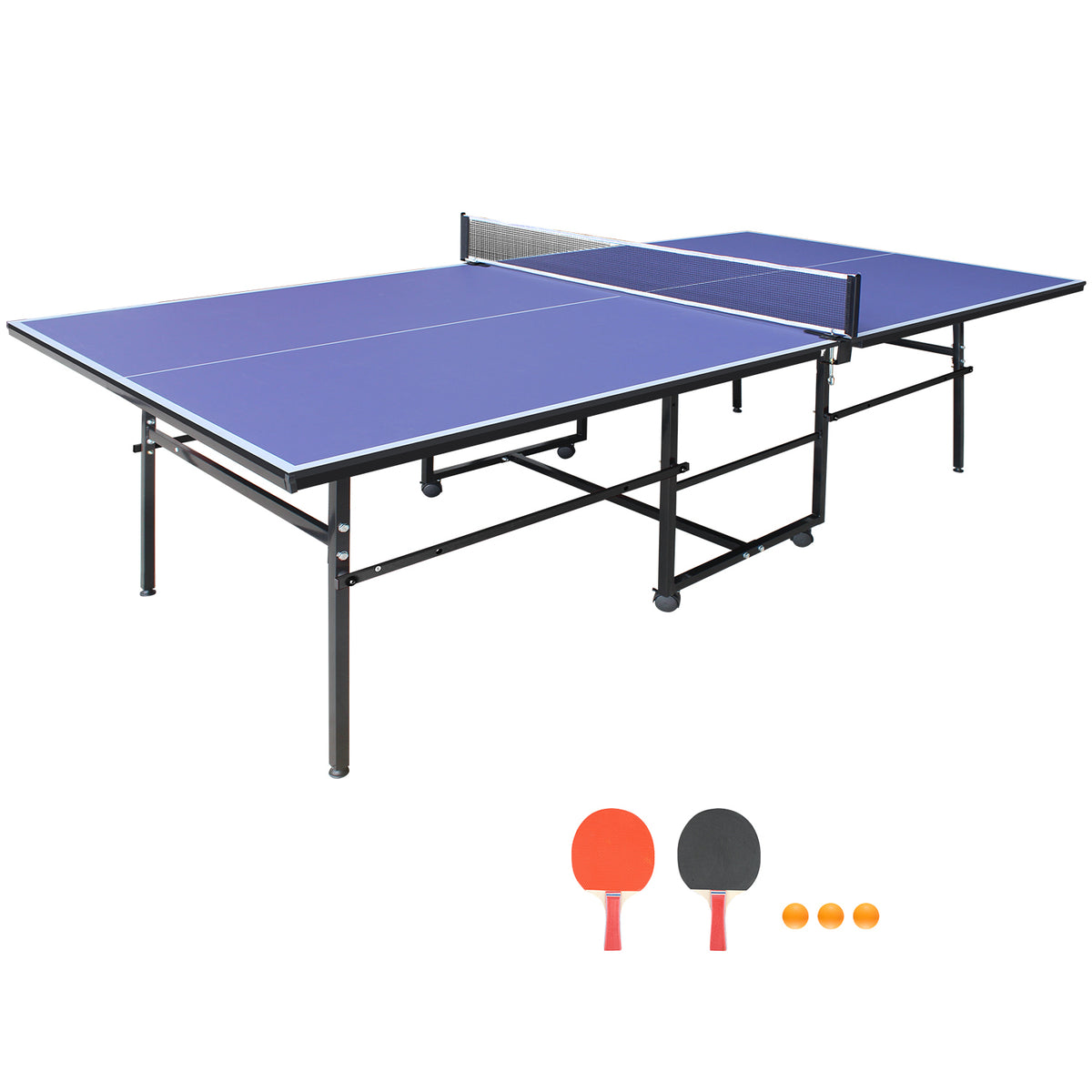 9*4.1ft Blue Mid-Size Table Tennis Table Foldable & Portable Ping Pong Table Set for Indoor Games with Net, 2 Table Tennis Paddles and 3 Balls