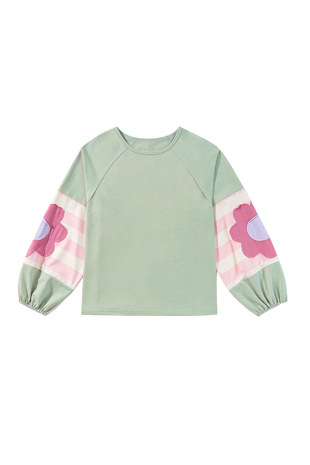 Smoke Green Flower Patchwork Exposed Seam Raglan Sleeve Top