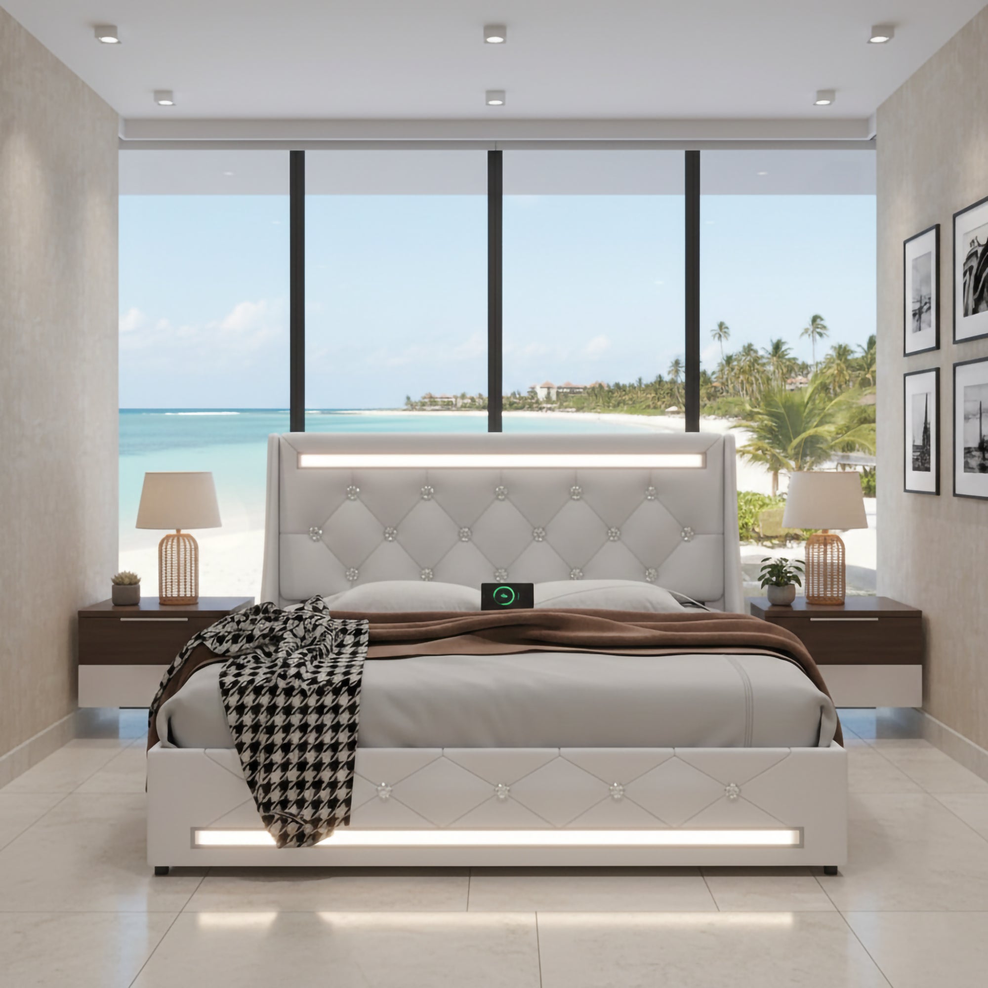 Queen Bed Frame with LED Lights, Upholstered Bed Frame with Charging Station, Platform Bed with Diamond Headboard, Wooden Slats, Easy Assembly, No Box Spring Needed, Noise Free, White