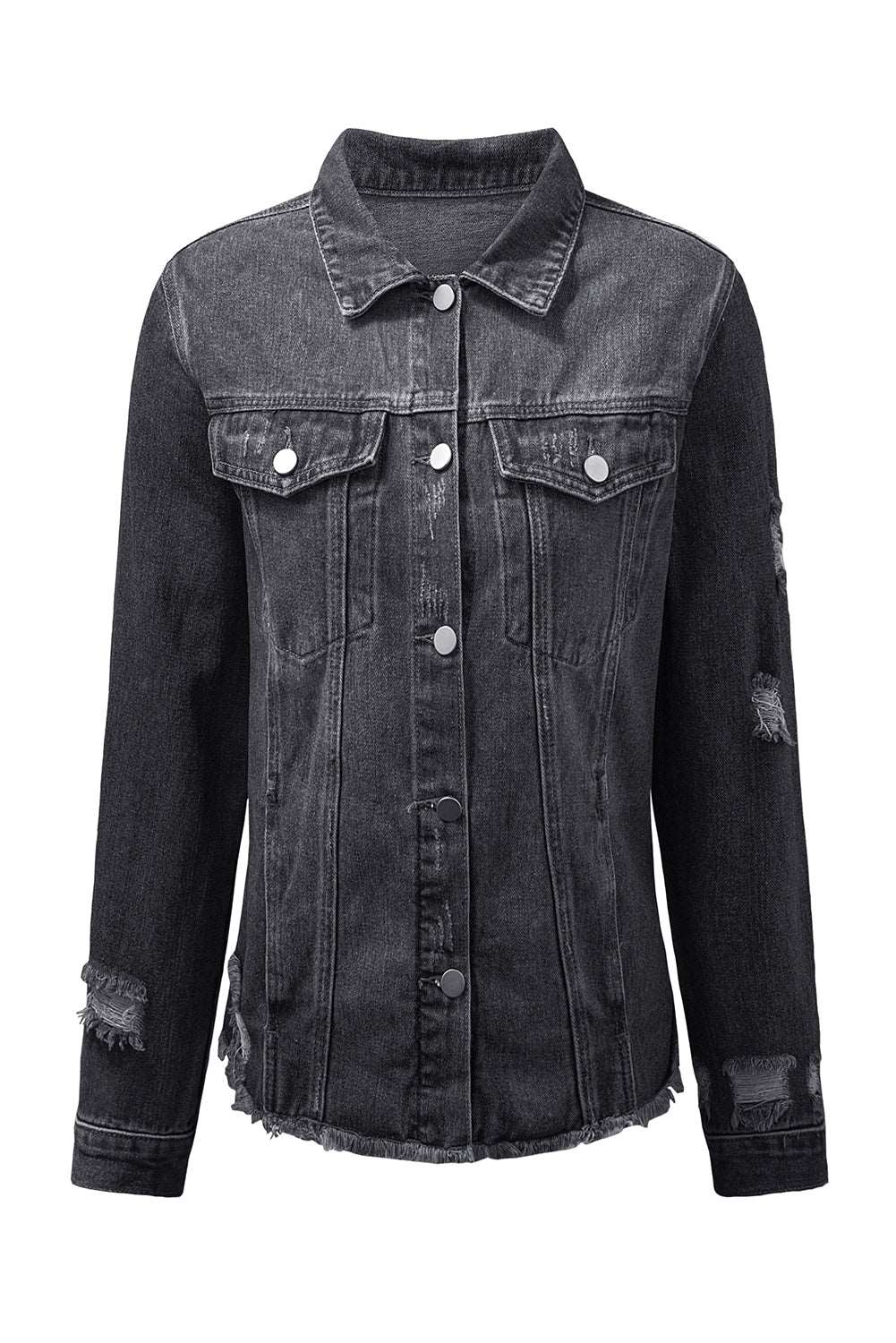 Black Casual Distressed Raw Hem Buttons Denim Jacket