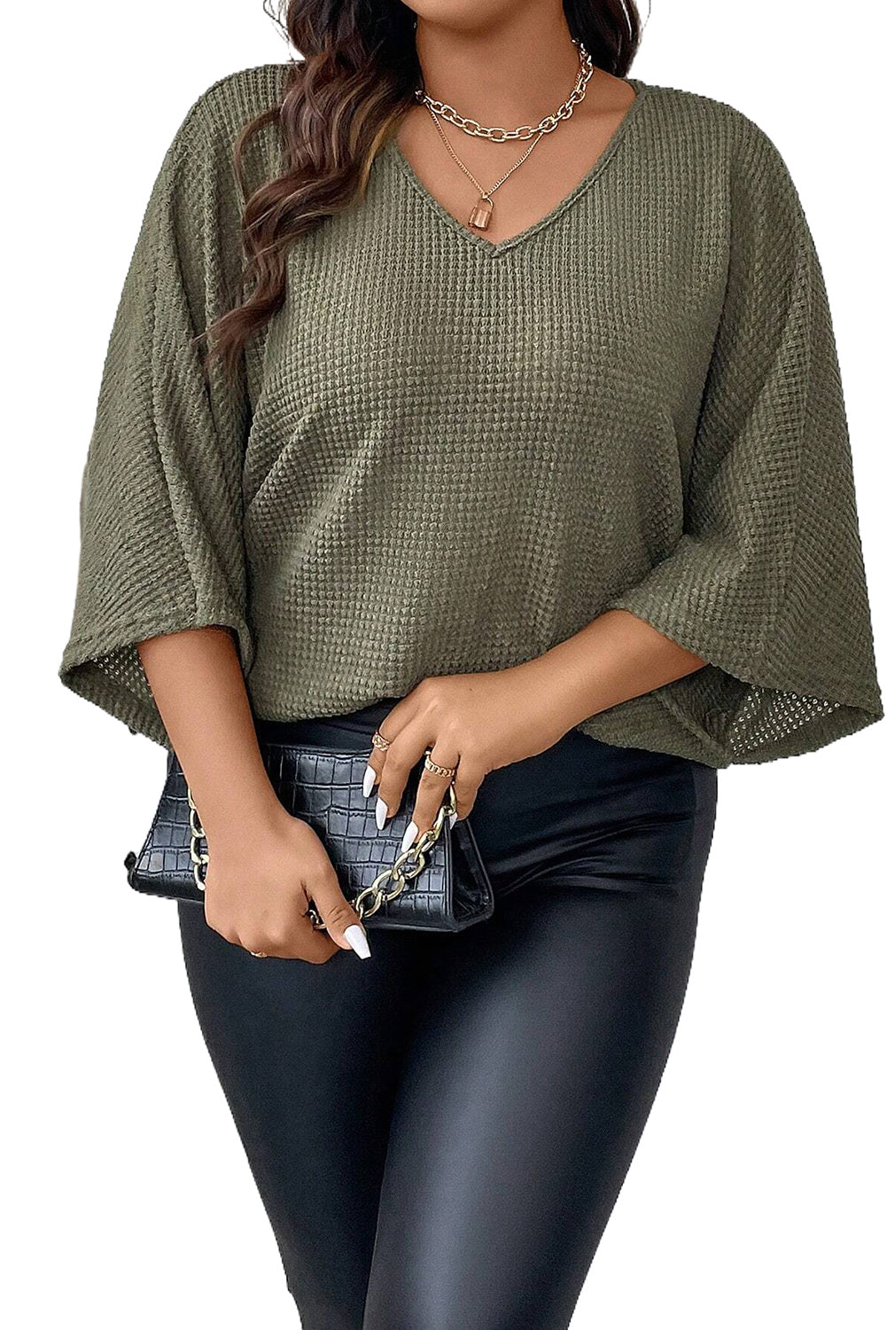 Jungle Green Plus Size V Neck Textured Knit Dolman Top - Eloy Royal