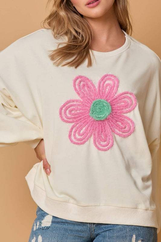 Beige Cute Tinsel Flower Puff Sleeve Sweatshirt