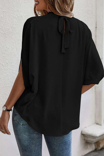 Black Solid Color Batwing Sleeve Knotted Blouse - Eloy Royal