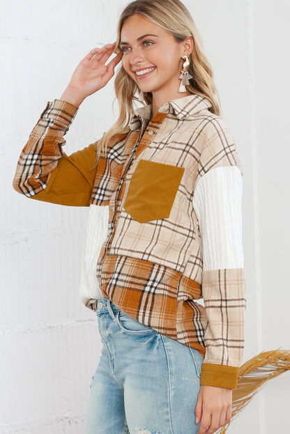 Wholesale Orange Plaid Color Block Patchwork Pocket Shirt Shacket - Eloy Royal