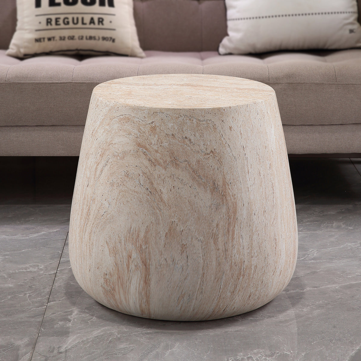 Drum Shaped Accent Coffee Table, MgO Faux Travertine Round Coffee Table, Indoor & Outdoor Decorative Table for Living Room Patio Yard, Top Dia 14.57' x Bottom Dia 18.90' x H 16.54'