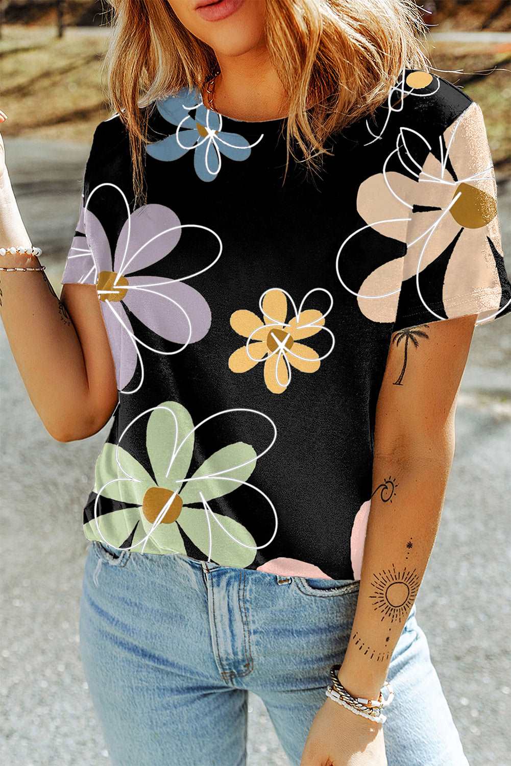 Beige Summer Flower Print Round Neck T Shirt