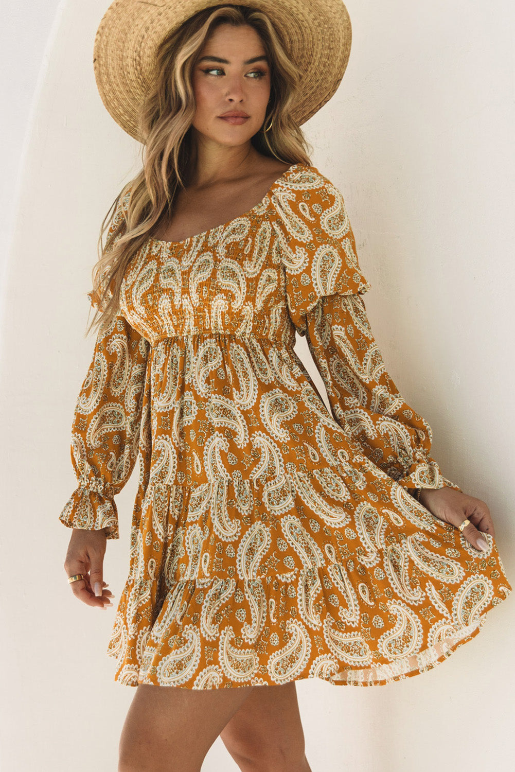 Yellow Boho Paisley Floral Print Long Sleeve Short Dress - Eloy Royal