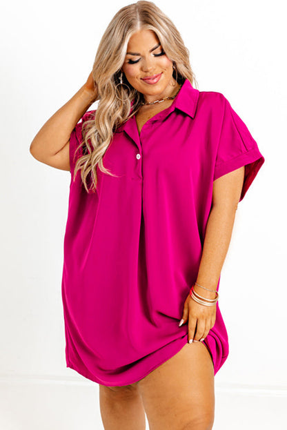 Bright Pink Collared V Neck Short Sleeve Plus Size Dress - Eloy Royal