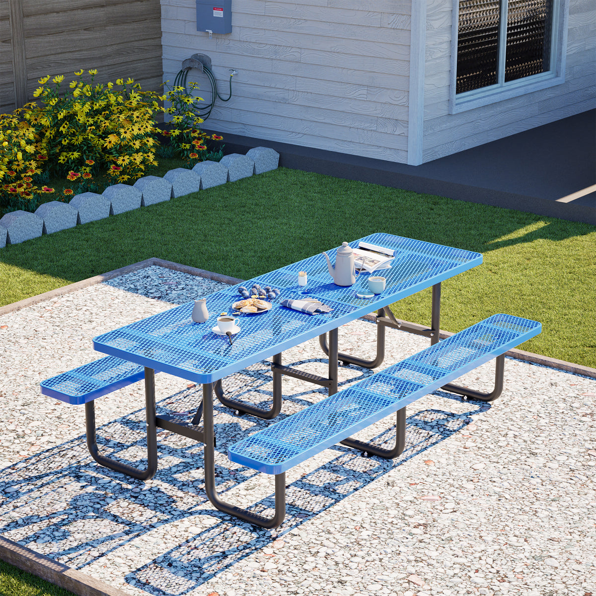 96'x96' Heavy Duty Metal Picnic Table for 10, Outdoor Dining with Umbrella Hole, Galvanized Steel Rustproof Frame, 882LBS, Mesh Top – Ideal for Garden, Patio, Picnic, Camping