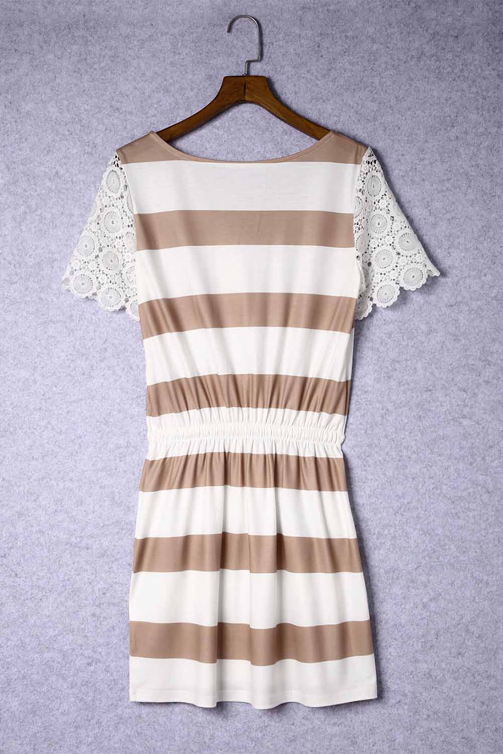 White Lace Crochet Short Sleeve Drawstring Striped Dress - Eloy Royal