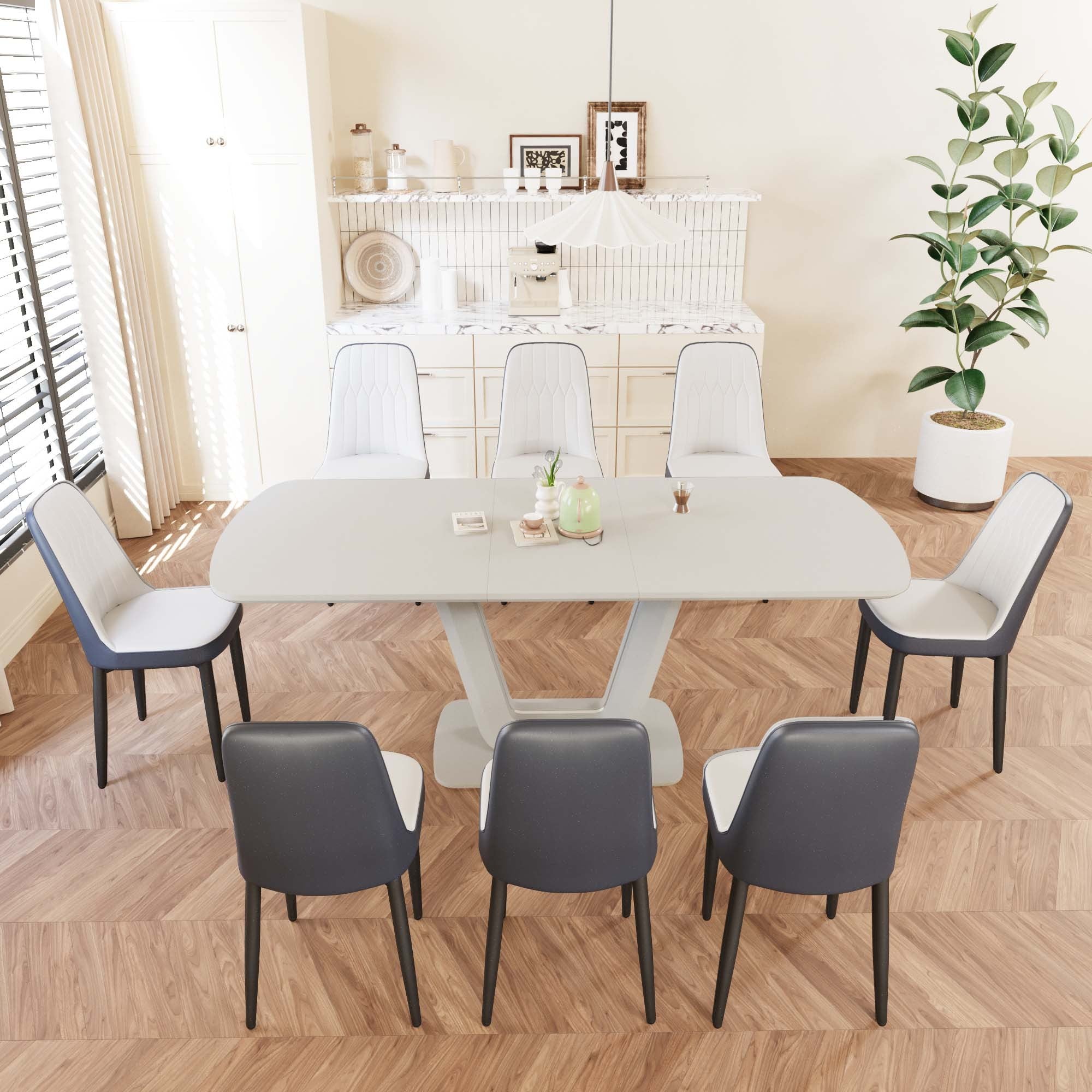 62.99-78.74' expandable dining table set for 2-8 people, equipped with 8 PU fabric thick padded dining chairs and an spacious dining table, kitchen table and chairs, with U-shaped table legs