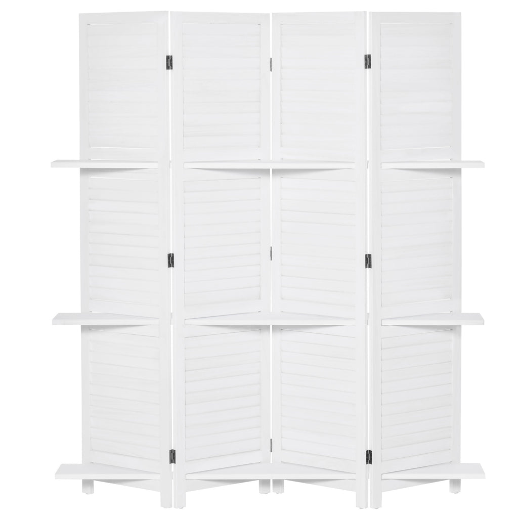 HOMCOM 4 Panel 67' Tall Wood Privacy Screen Room Divider with 3 Display Shelves, and Folding Storage for Bedroom or Home Office, White