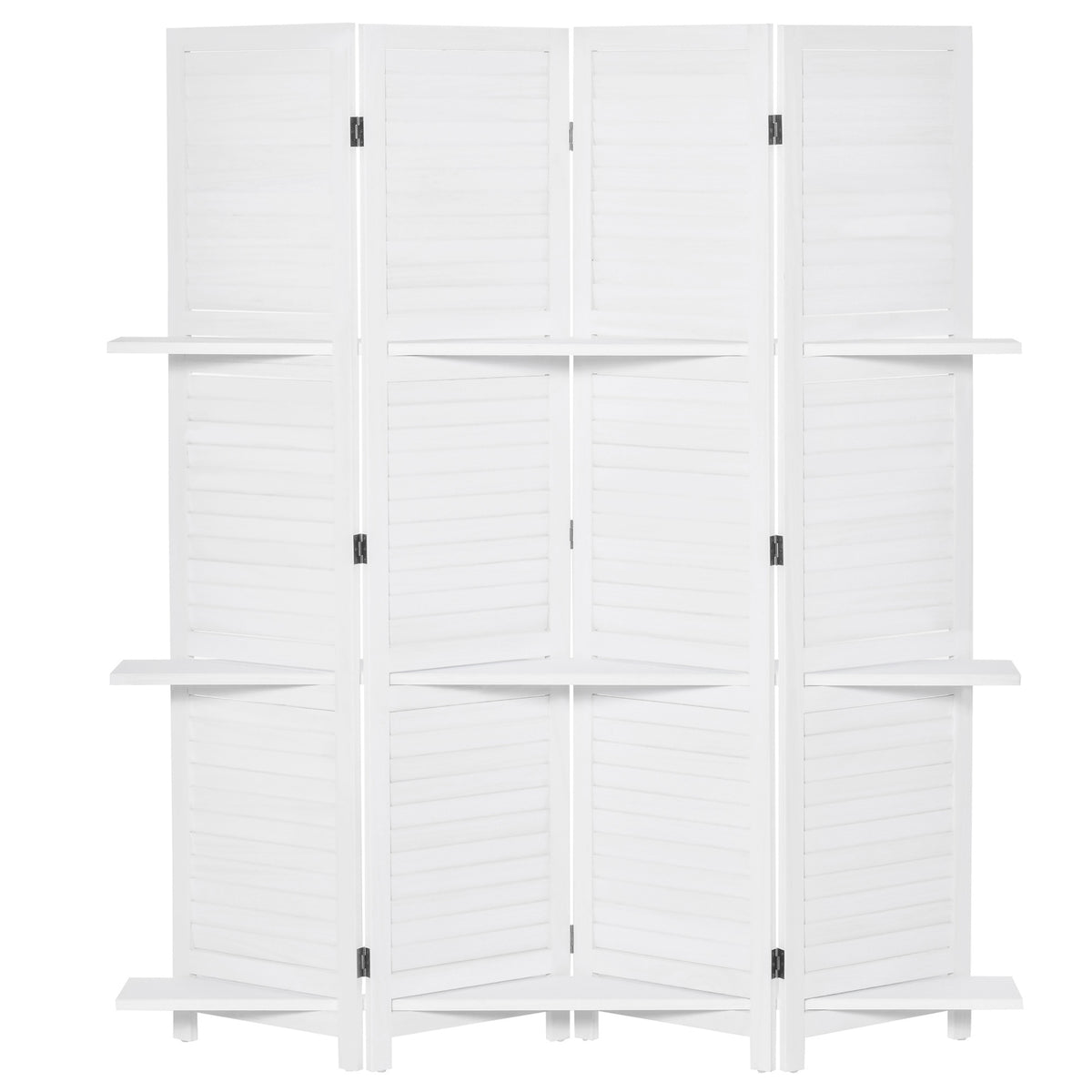 HOMCOM 4 Panel 67' Tall Wood Privacy Screen Room Divider with 3 Display Shelves, and Folding Storage for Bedroom or Home Office, White