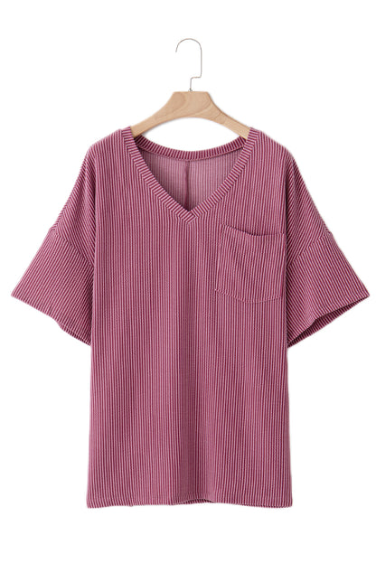 Rose Pink Textured V-Neck Dropped Shoulder Plus T-Shirt - Eloy Royal