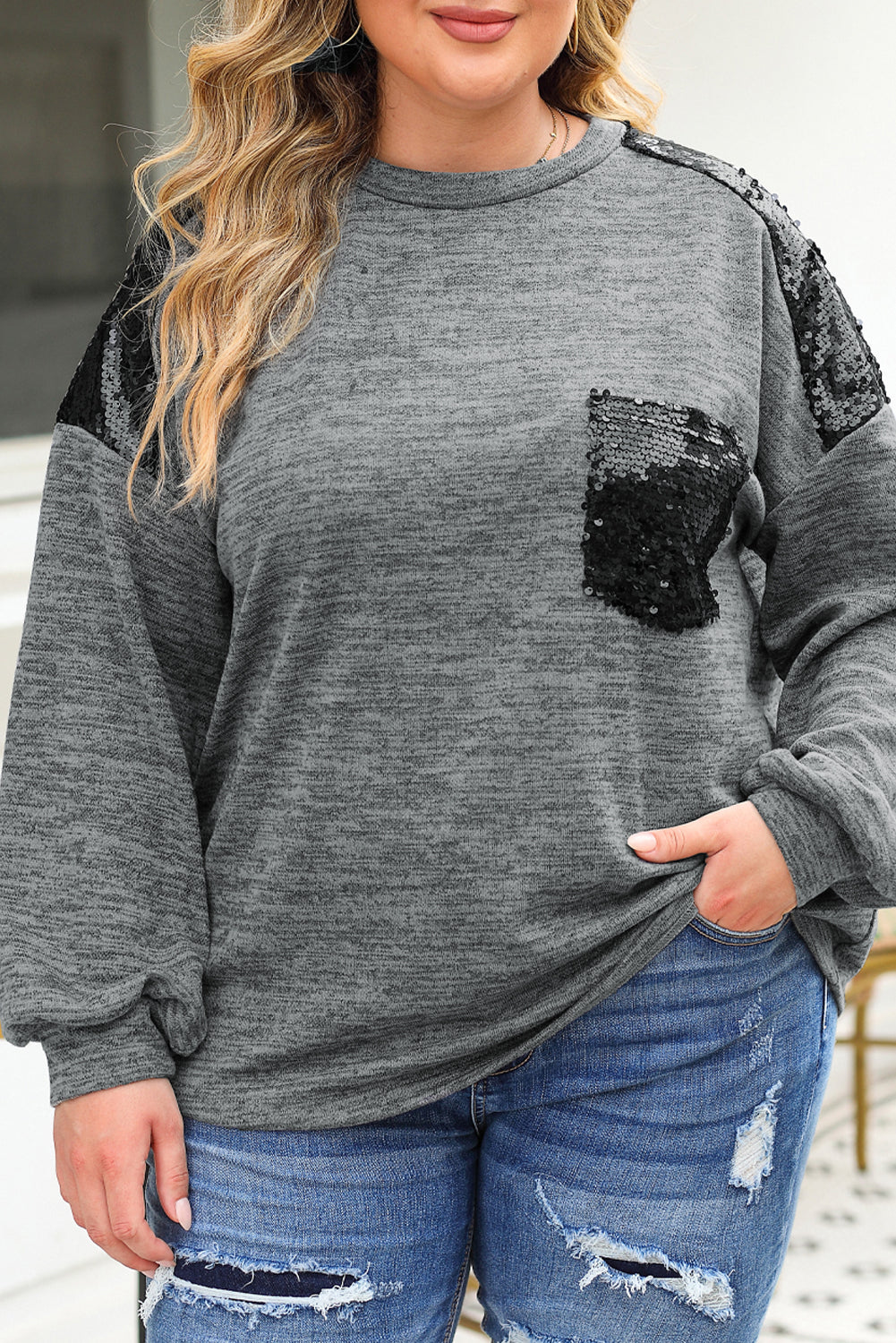 Wholesale Gray Sequin Patchwork Long Sleeve Plus Size Top - Eloy Royal