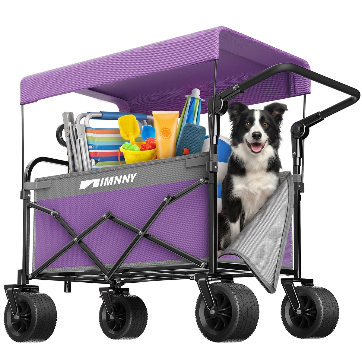 Multi-Functional Push-Pull Folding Wagon Cart with Canopy, Heavy Duty Utility Cart with 7'x4' All-Terrain Wheels for Camping, Transport, Groceries, Sports, 300LBS/200L, Purple