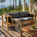 Teak Finish Acacia Wood Outdoor Daybed Sofa Set with Black Woven Rope & Grey Water Resistant Cushions, 800 LBS Weight Capacity, 2-Seater Patio Bench for Garden Pool Backyard