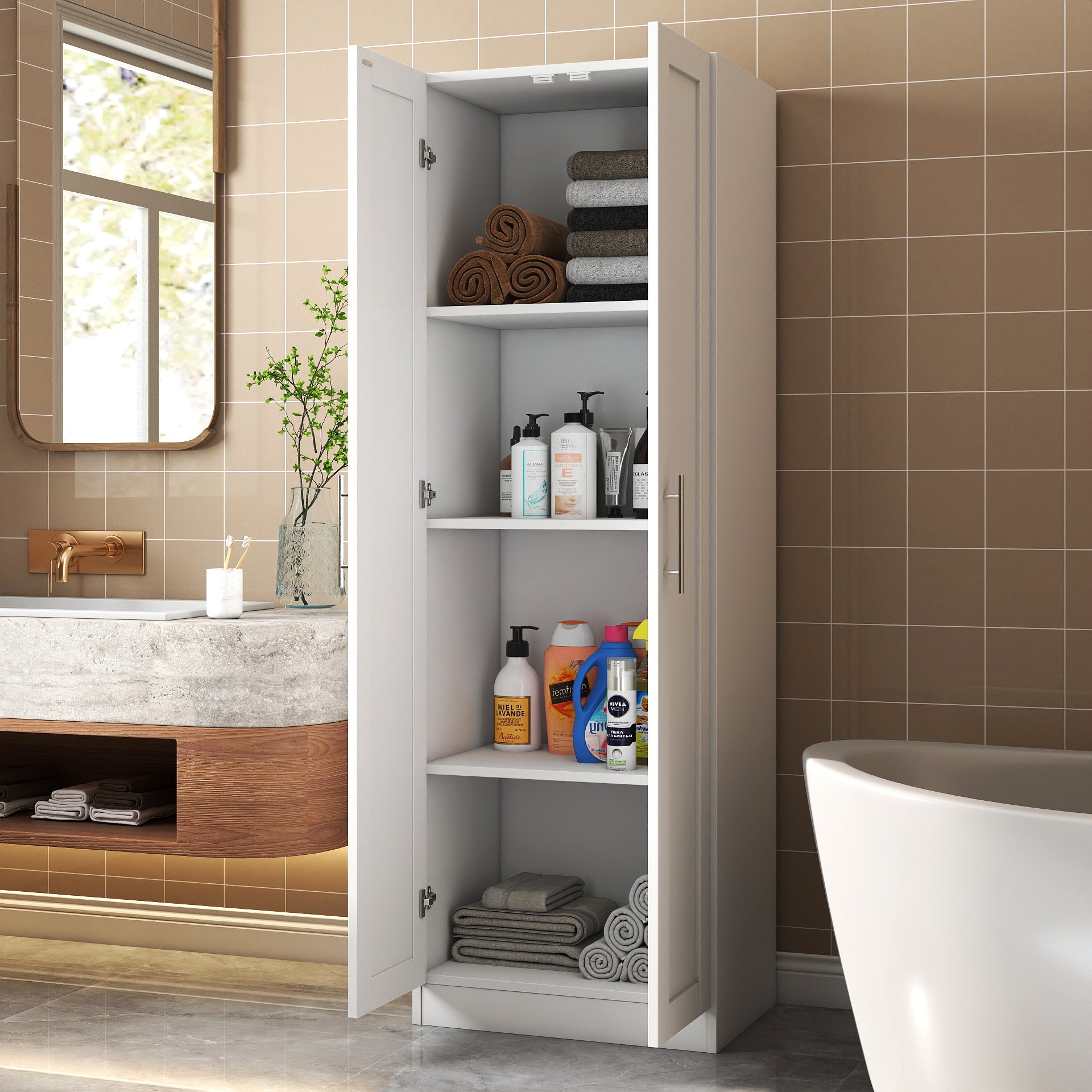 High wardrobe and kitchen cabinet with 2 doors and 3 partitions to separate 4 storage spaces, White