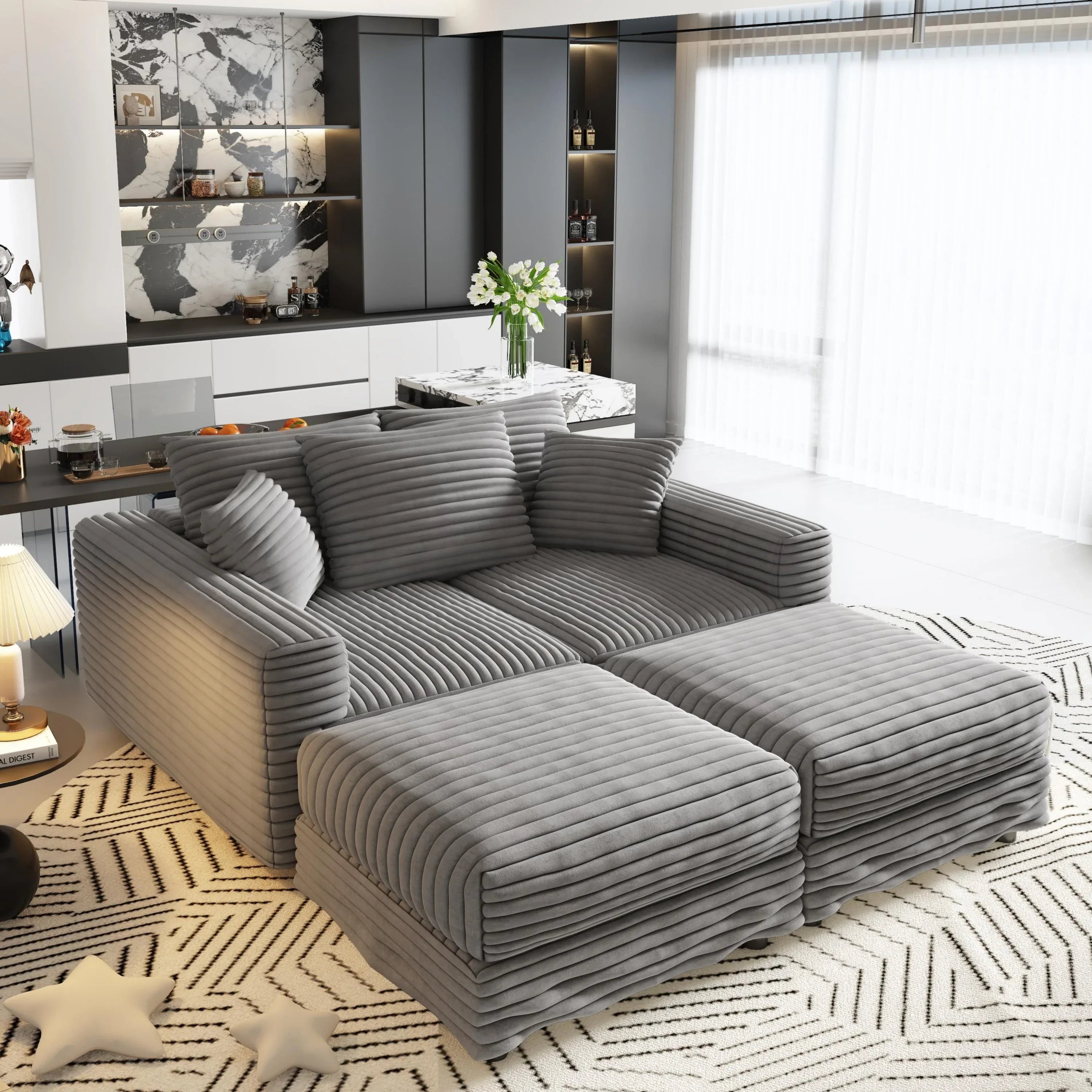 82.7 'Plush Corduroy 3-Seat Sofa,Modern Comfy Upholstered Sofa Cloud Couch,Deep Seat Couches with Soft Pillows and 2 Ottomans,Convertible Sofa Lounge Chair,for Living Room,Apartment,Office,Grey - Eloy Royal