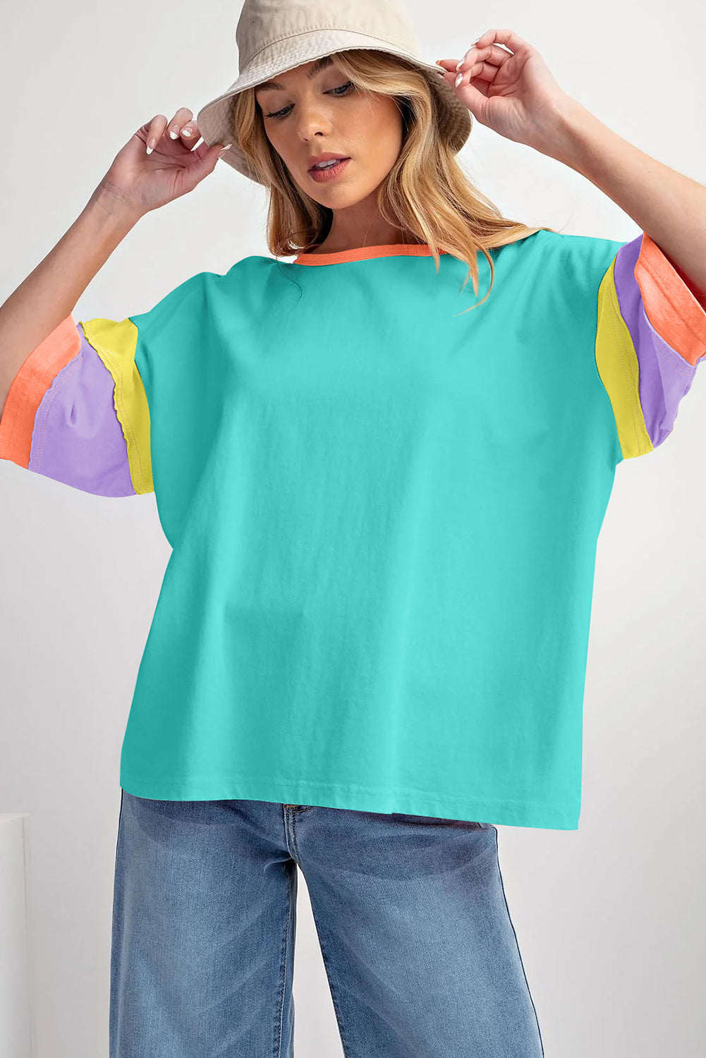 Green Color Block Sleeve Round Neck Oversize Top - Eloy Royal