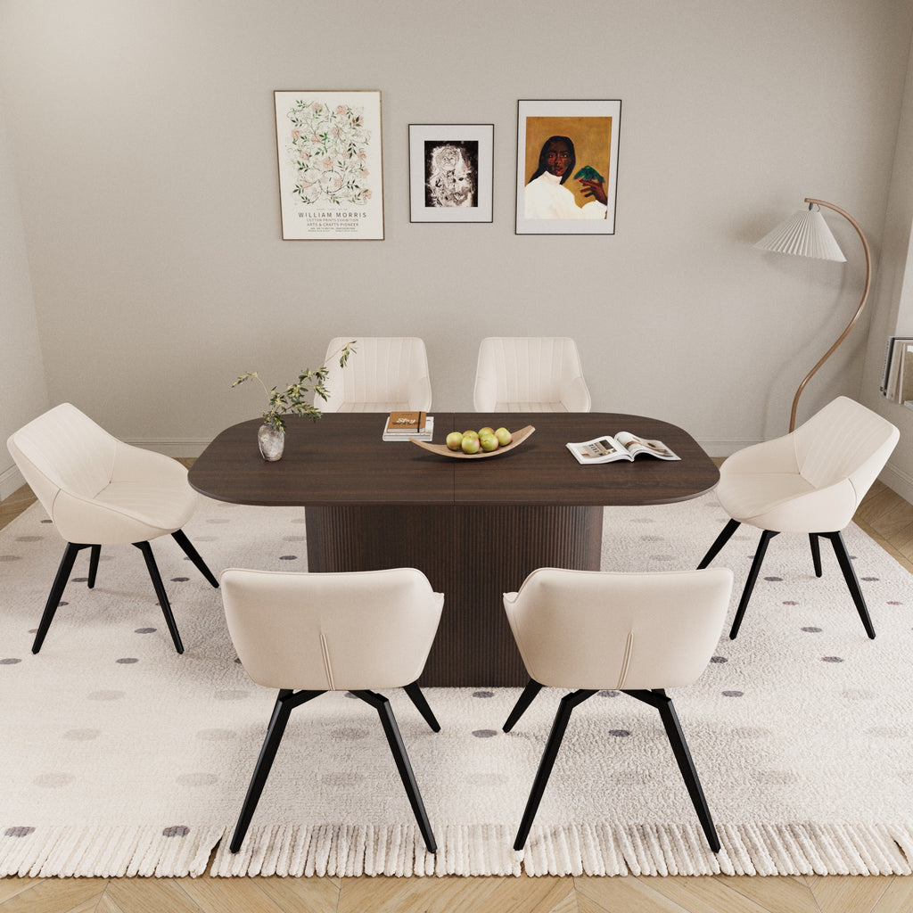 63' medieval modern brown style MDF dining table and 6 sets of black metal leg PU decorative chairs. Assemble desktop and artificial leather dining chair set, suitable for home& kitchen