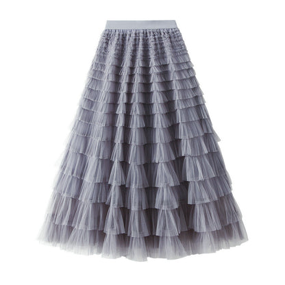 A-Line Mesh Ruffle Skirt Women's Temperament Sweet Long Skirt Slim Cupcake Dress Womens Clothing.