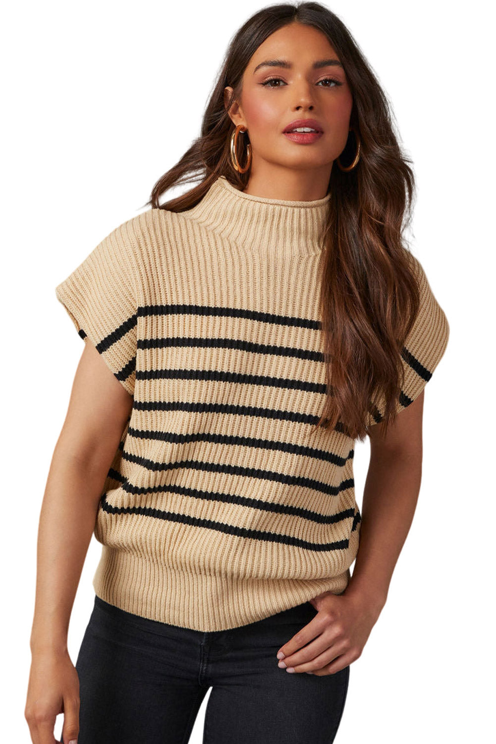 Wholesale Parchment Striped Knit Mock Neck Short Sleeve Sweater - Eloy Royal