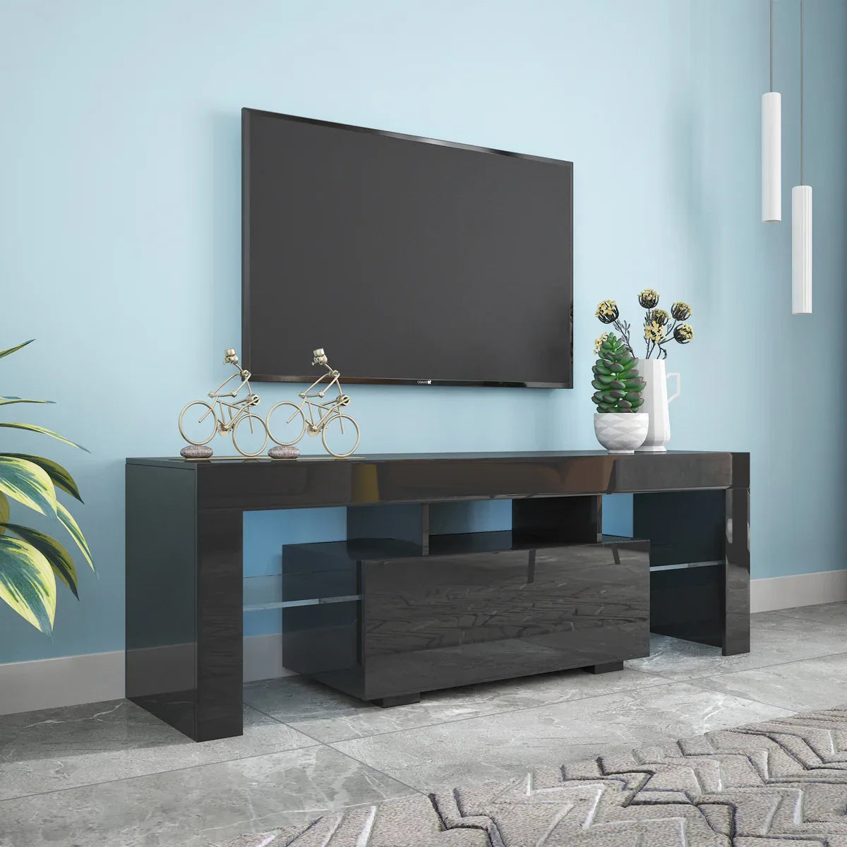 Black TV Stand with LED RGB Lights,Flat Screen TV Cabinet, Gaming Consoles - in Lounge Room, Living Room and Bedroom(Black) - Eloy Royal