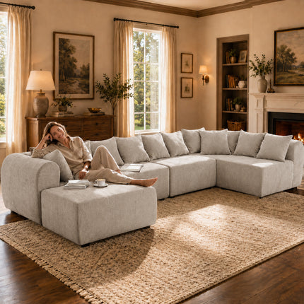 Modern Modular Sectional Sofa, 8-Seater U-Shaped Couch with Ottoman, 1500 lbs Capacity, Creamy White Boucle Fabric, Convertible Configuration for Living Room, Apartment