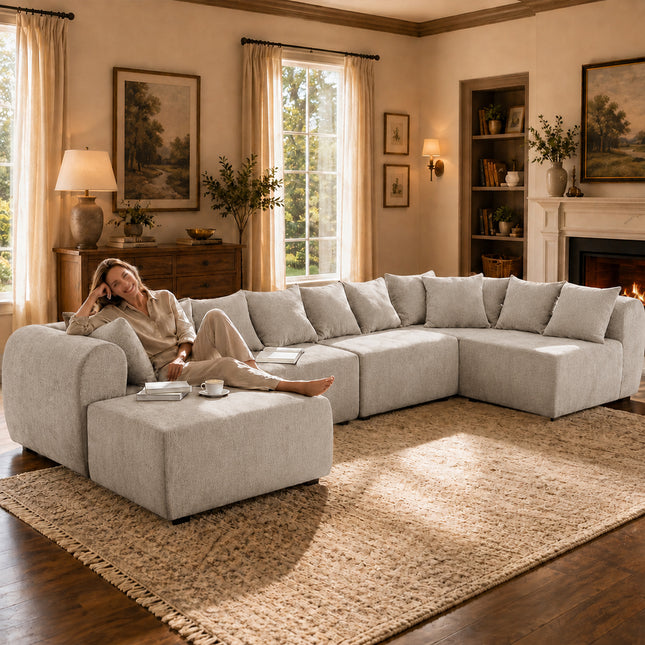 Modern Modular Sectional Sofa, 8-Seater U-Shaped Couch with Ottoman, 1500 lbs Capacity, Creamy White Boucle Fabric, Convertible Configuration for Living Room, Apartment