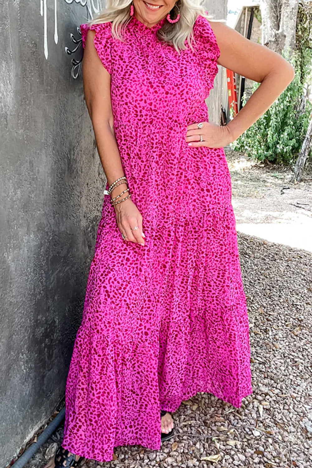 Rose Red Leopard Print Ruffle Sleeveless Maxi Dress - Eloy Royal