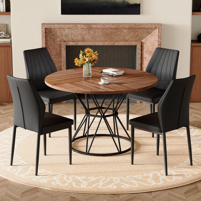 Table and Chair Set.A walnut MDF table with a diameter of 47.3 inches,black hourglass shaped metal brackets. Paired with 4 Black PU Dining Chairs, 37 inches High, Ergonomic PU Backrest.