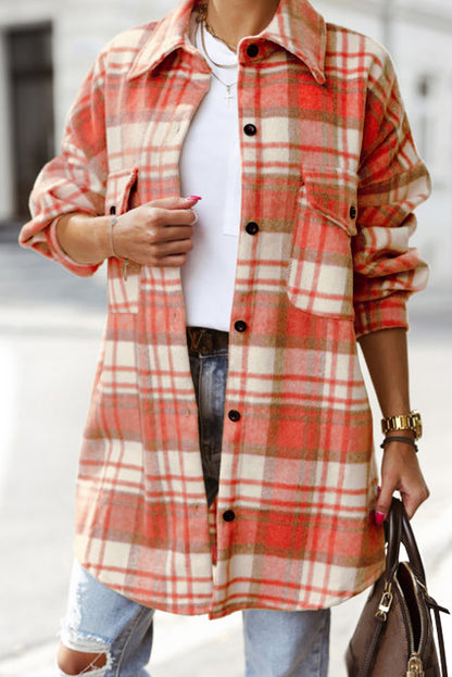 Red Plaid Flap Pocket Long Sleeve Oversized Shacket - Eloy Royal