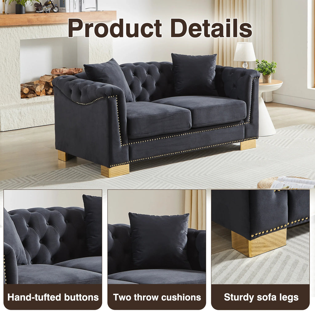 {Video] Classic Modern Style Sofa, 62-inch Chesterfield Classic Rolled Arm Tucked-in Nailhead Decor Cloud Two-Seater Velvet Sofa, Luxury Double Sofa Suitable for Living Room, Bedroom, Apartment, - Eloy Royal