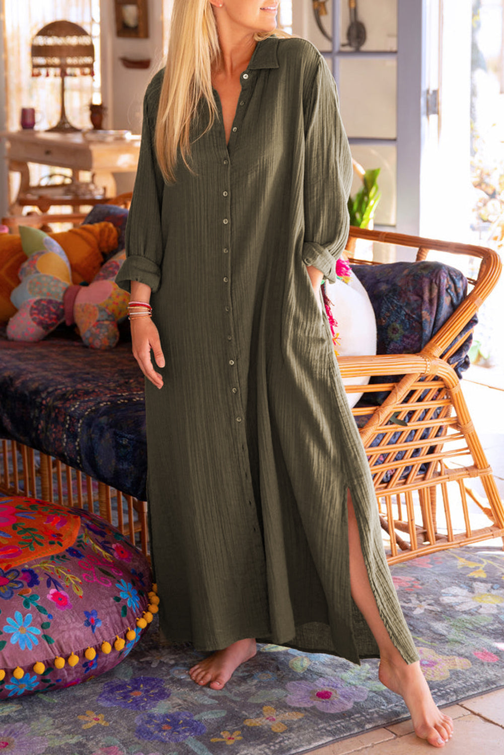 Green Crinkled Pocketed Side Slits Loose Maxi Dress - Eloy Royal