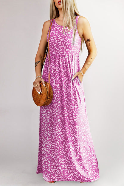 Pink Sleeveless Floor Length Leopard Print Dress with Pockets - Eloy Royal