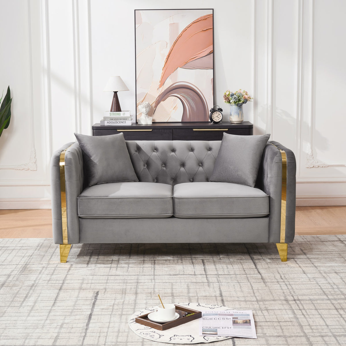 61' Velvet Button Tufted Love Seat Sofa with Gold Legs,Chesterfield Sofa with Gold Stainless Steel Accents for Living Room,Bedroom, Office, Grey