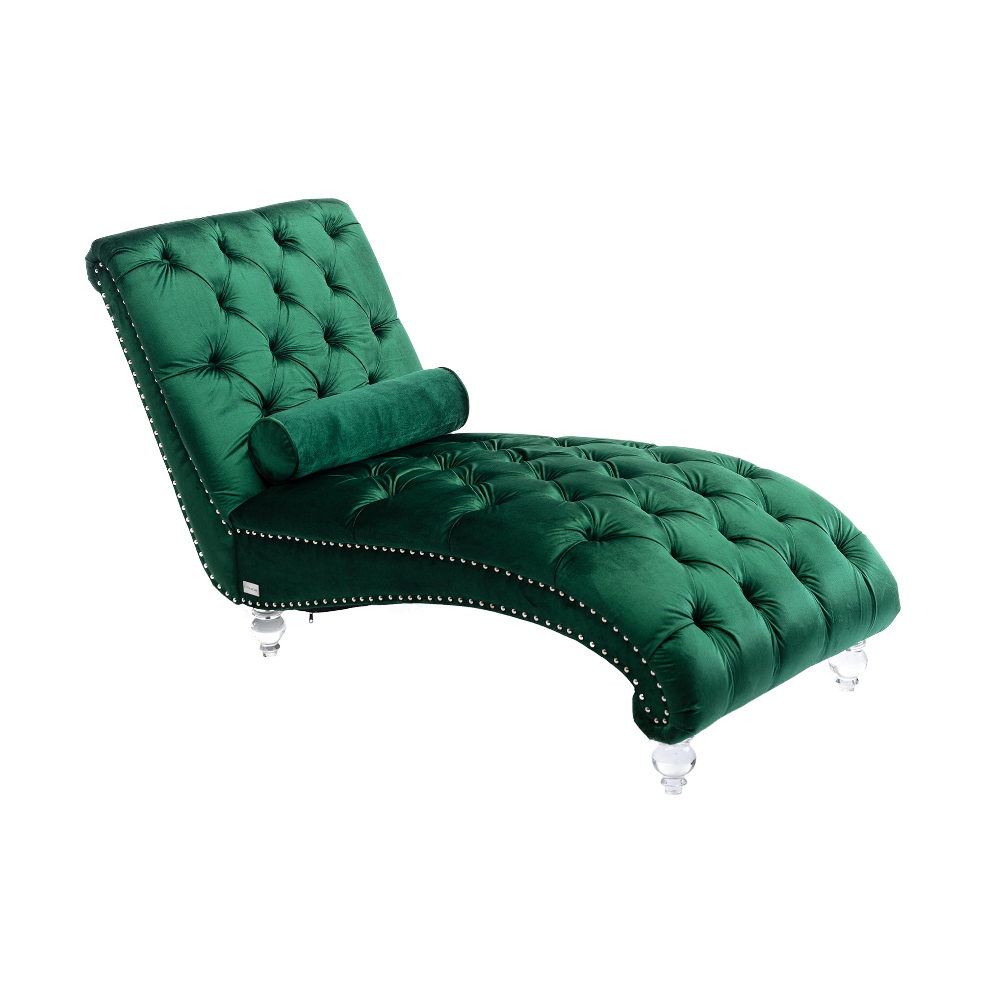 Velvet Button-Tufted Upholstered Chaise Lounge Chair with Pillow for Bedroom Living Room Office, Emerald Velvet