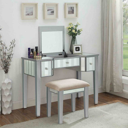 Transitional Style  1pc Vanity w/ Stool Set Core Design Storage Drawers Central Mirror Padded Stool Silver Finish Bedroom Furniture