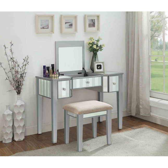 Transitional Style  1pc Vanity w/ Stool Set Core Design Storage Drawers Central Mirror Padded Stool Silver Finish Bedroom Furniture