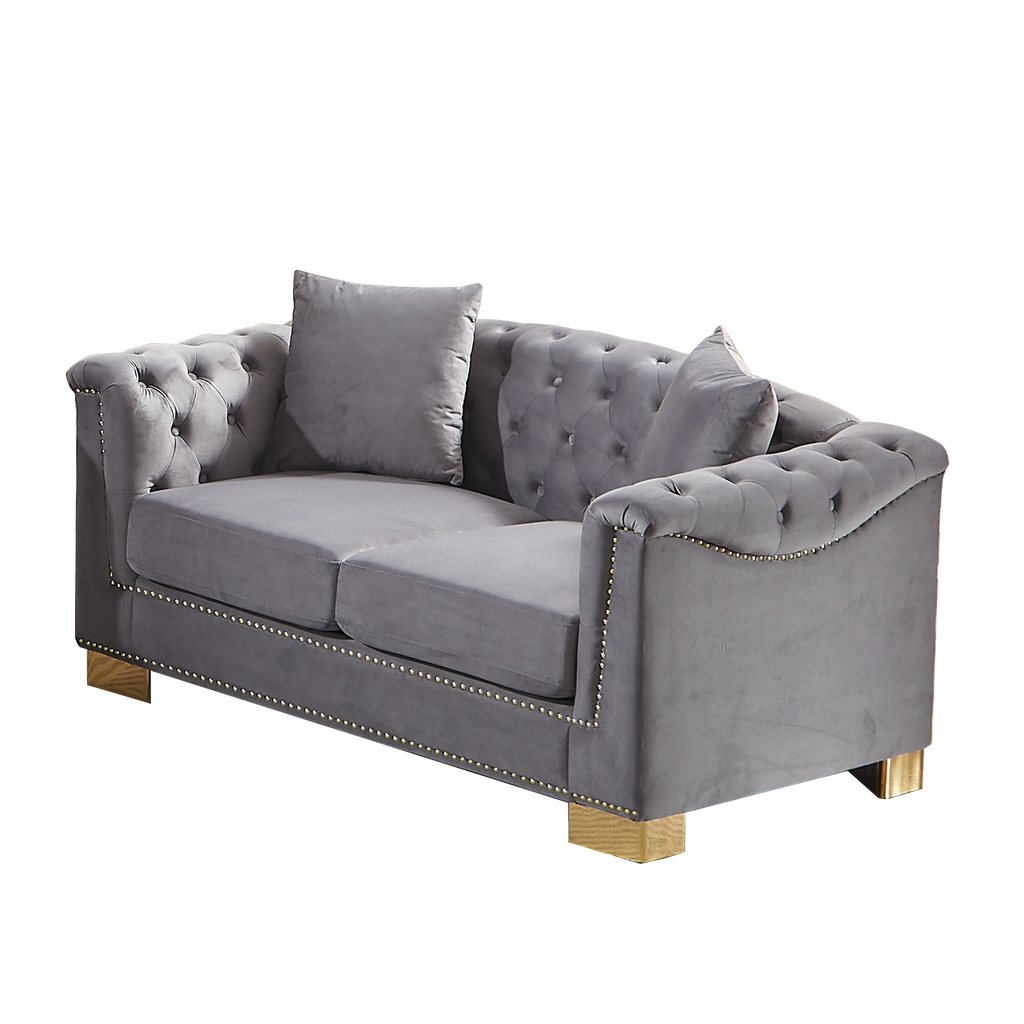 {Video] Classic Modern Style Sofa, 62-inch Chesterfield Classic Rolled Arm Tucked-in Nailhead Decor Cloud Two-Seater Velvet Sofa, Luxury Double Sofa Suitable for Living Room, Bedroom, Apartment, Grey - Eloy Royal