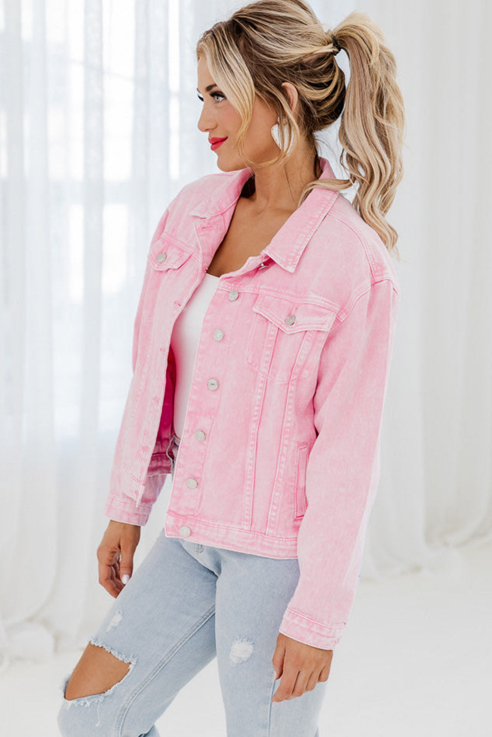 Wholesale Pink Light Wash Flap Pockets Button Up Denim Jacket - Eloy Royal