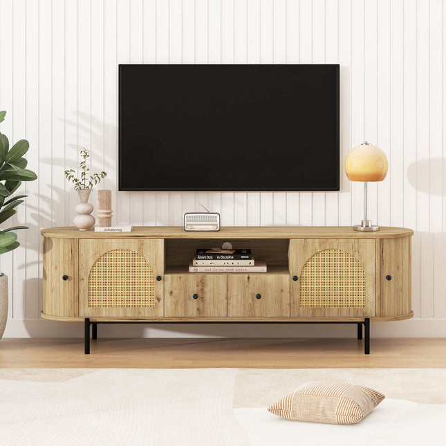 U-Can American Style TV Stand with Rattan Arched Doors, Drawers, Hidden Storage, Steel Legs, Rounded Corners