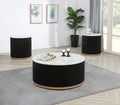 Modern Contemporary 3pc Cocktail Group Set Coffee Table End Table Luxurious Marble-inspired Top Reeded Base Gold-finished Foundation Casters Wheels Living Room Furniture