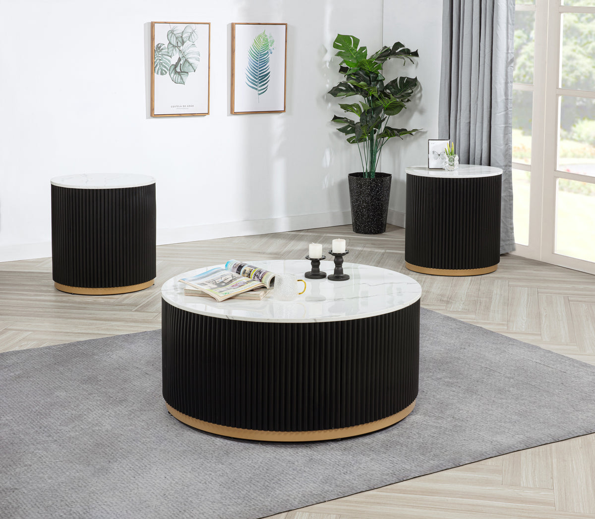Modern Contemporary 3pc Cocktail Group Set Coffee Table End Table Luxurious Marble-inspired Top Reeded Base Gold-finished Foundation Casters Wheels Living Room Furniture