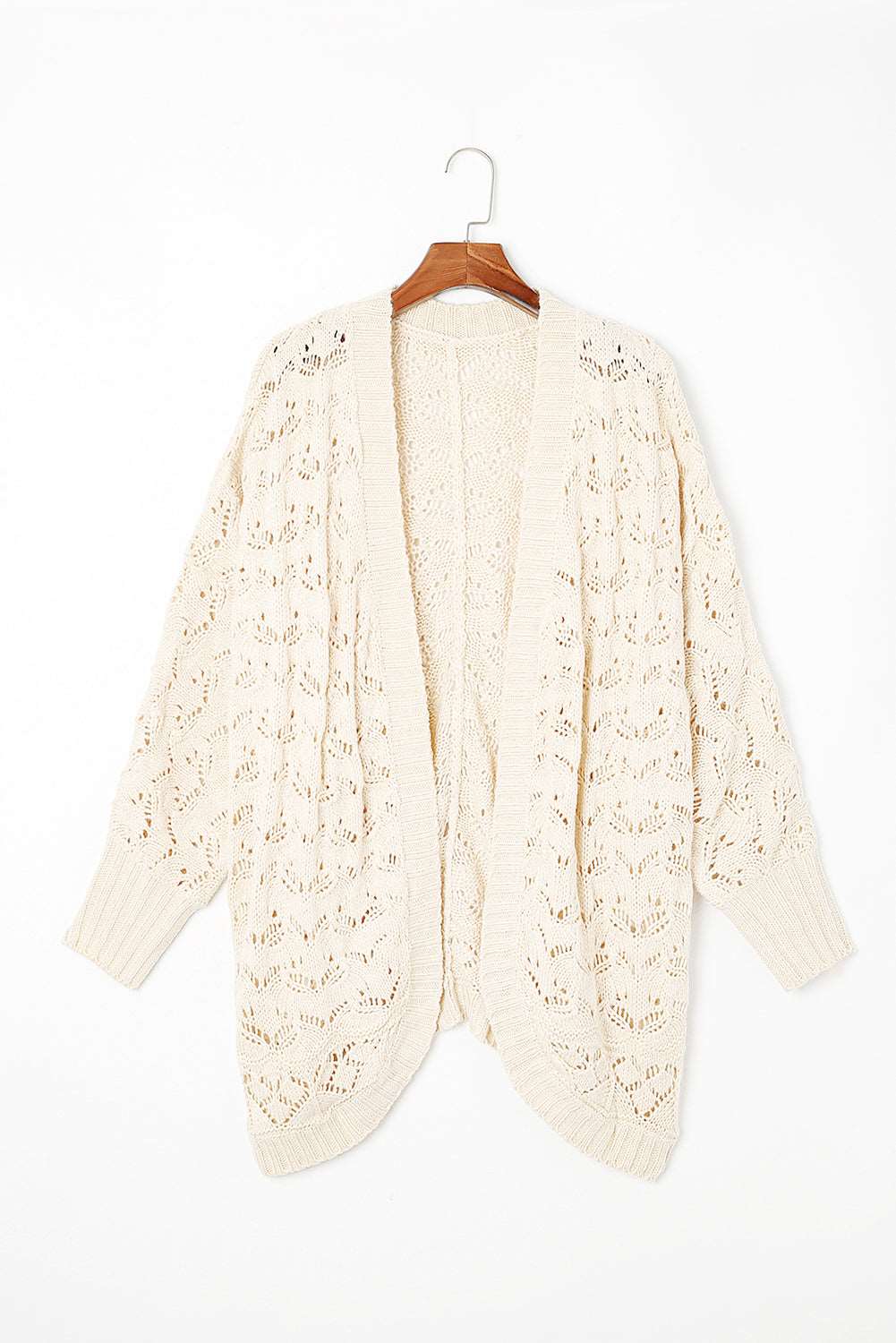 Beige Plus Size Hollowed Open Front Ribbed Trim Cardigan